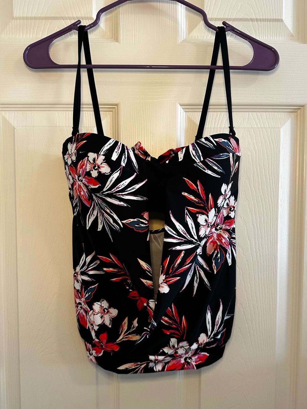 Bar III Black Bandeau Swim Top with Red & White Floral Print